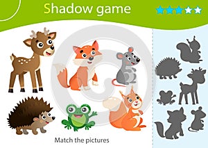 Shadow Game for kids. Match the right shadow. Color images of wild animals. Hedgehog, fox, frog, mouse, squirrel, deer. Worksheet