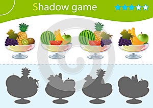 Shadow Game for kids. Match the right shadow. Vases with fruits and berries. Grape, apple, kiwi, watermelon, banana, pineapple.