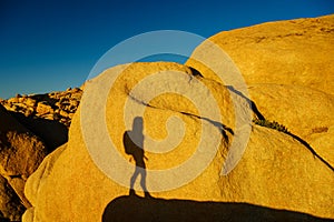 Shadow of a hiker woman climbing the rocks in a beautiful warm sunset light in the Joshua Tree National Park, California, USA