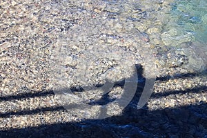 Shadow of an individual on a bridge looking at the water