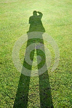 Shadow of a man on background of green grass illustrates the concept of a photographer