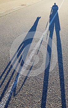 A shadow of a man and a dog walking