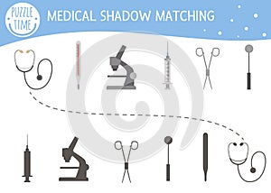 Shadow matching activity for children with medical equipment. Medicine or healthcare preschool puzzle. Cute health check