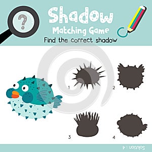 Shadow matching game Blowfish animal cartoon character vector illustration