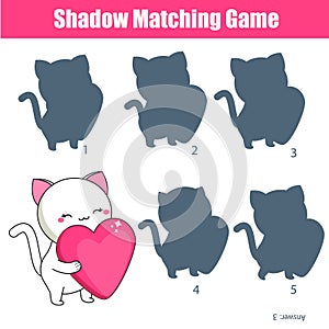 Shadow matching game for children. Kids activity with cute cat. Learning page for toddlers