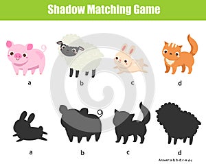 Shadow matching game for children. Kids activity with cute farm animals. Learning page for toddlers