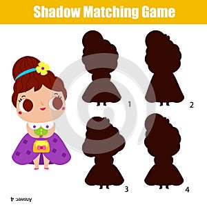 Shadow matching game for children. Kids activity with cute princess. Learning page for toddlers