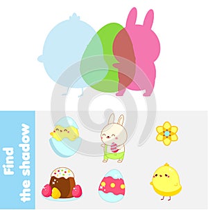 Shadow matching game. Find silhouettes of Easter characters. Educational kids activity