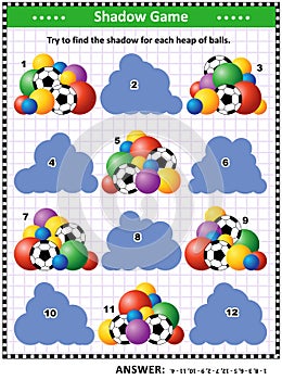 Shadow matching game with heaps of football and other balls