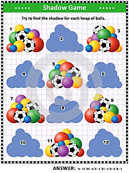 Shadow matching game with heaps of football and other balls photo