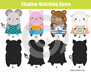 Shadow matching game. Kids activity. Animals theme