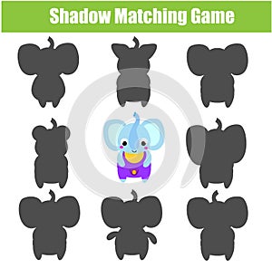 Shadow matching game. Kids activity with cartoon elephant