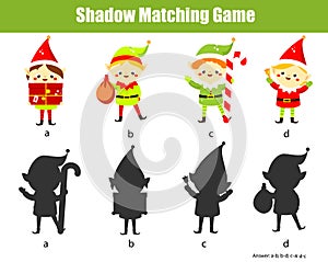 Shadow matching game. Kids activity with Christmas Santa elves. New year theme fun page for toddlers