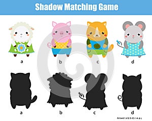 Shadow matching game. Kids activity with cute animals