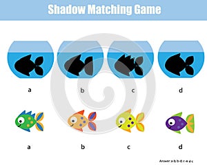 Shadow matching game. Kids activity with fishes