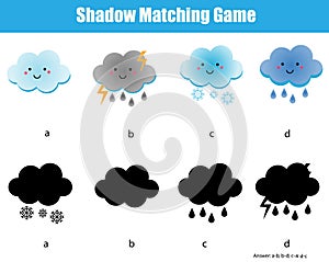 Shadow matching game. Kids educational activity with cute clouds. Learning weather theme