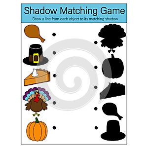 Shadow Matching Game. Thanksgiving themed Puzzle Game for Kids coloring book. Color version.