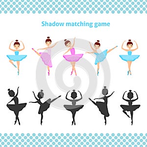 Shadow matching printable worksheet. Educational game for toddlers with cute ballerinas.