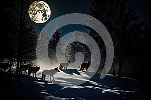 In the Shadow of the Moon Snowy Forest with a Pack of Wolves Bathed in Moonlight