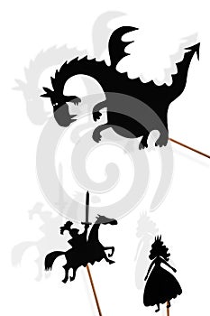 Shadow puppets of dragon, princess and knight on white backgroun