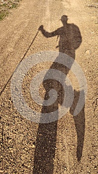 Shadow silhouette of male hiker walking on dirt road with stick in hand