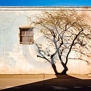 Shadow of tree on the side of building with window. Generative AI