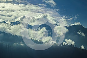 A shadow of trees in the silhouetted mountains in the clouds