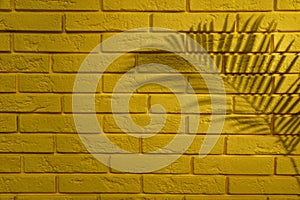 Shadow of tropical palm leaf on yellow brick wall, space for text