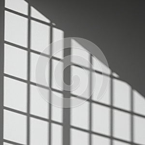 Shadow of a window with a grid pattern cast on a white wall. The shadow creates