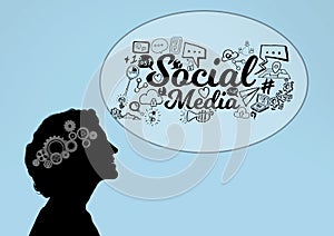 Shadow of woman with 3D cogs on the head and Social media graphic bubble