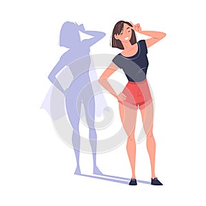 Shadow of Woman Superhero Character Standing and Smiling Vector Illustration
