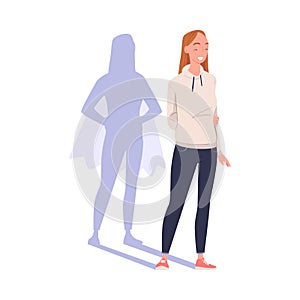 Shadow of Woman Superhero Character Standing and Smiling Vector Illustration