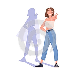 Shadow of Woman Superhero Character Standing and Smiling Vector Illustration