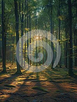 Shadows cast by a forest canopy on a woodland floor