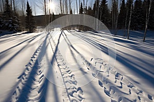 shadows cast over cross country skiing tracks