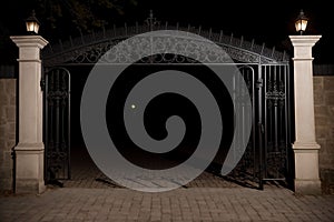 Shadows cast by a wrought iron gate in the moonlight