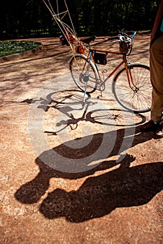 Shadows of couple standing in the park alley with bicycle and a