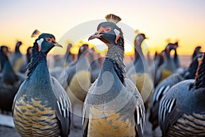 shadows of a flock of guinea fowls at sunset