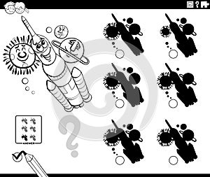 Shadows game with cartoon rocket in space coloring page