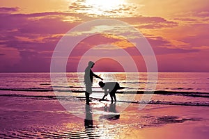 The shadows of men and women are walking on the beach at sunrise.