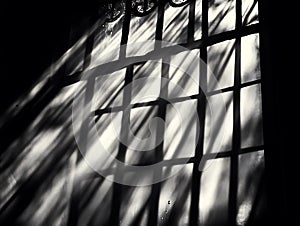 Shadows of sunlight shining through a window grid structure