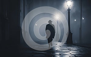 A shadowy figure evoking the classic detective emerges from the fog on a dimly lit cobblestone street, reminiscent of