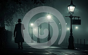 A shadowy figure evoking the classic detective emerges from the fog on a dimly lit cobblestone street, reminiscent of