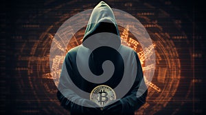 Shadowy figure in hoodie holding Bitcoin