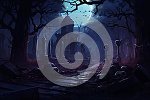 Shadowy Necromancer cemetery dark background. Generate Ai