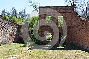 Shadowy Wall of Brick Building Ruins, Historic Shasta, California