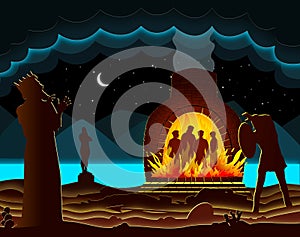 Shadrach, Meshach, and Abed-nego thrown into a fiery furnace. Abstract, illustration, minimalism. Digital Art. Bible story. photo