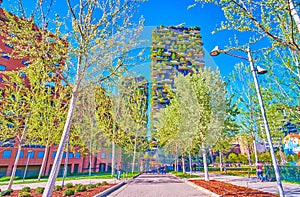 The shady alley of Biblioteca degli Alberi Park with bosco Verticale buildings on background, Milan, Italy