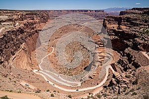 Shafer Canyon Road, a famous dirt road for 4x4 vehicles, overhead view in Canyonlands National Park, Islands in the Sky area