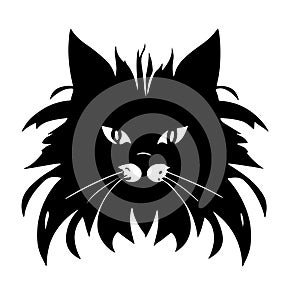 Shaggy cat head sketch closeup. Good for tattoo. Editable vector monochrome image with high details isolated on white